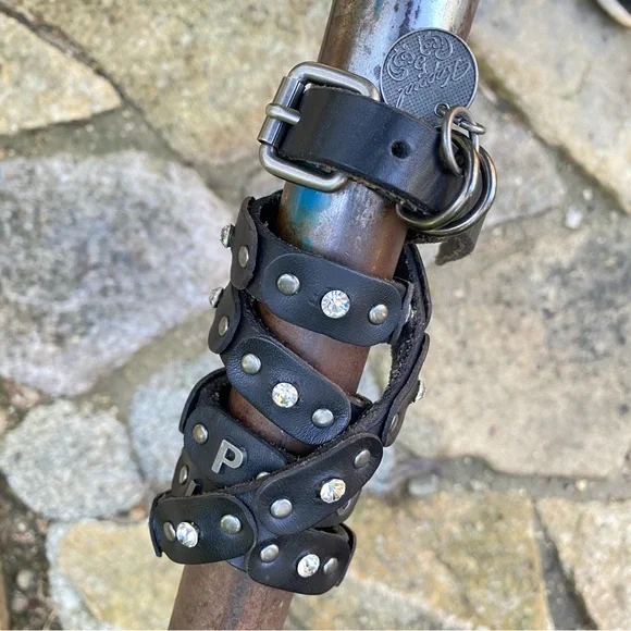 VNtG Y2K KAPORAL Leather Stud Rhinestone Skinny Belt Black Silver Wrap 90cm 34in - Picture 10 of 14